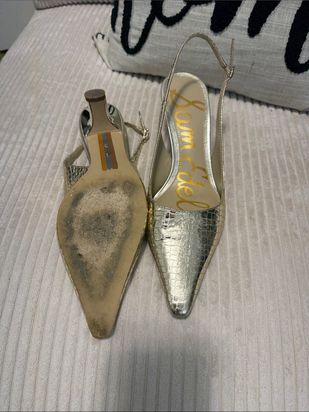 Sam Edelman Metallic Gold Croc-Embossed Slingback Pointed Pumps - Picture 3 of 3